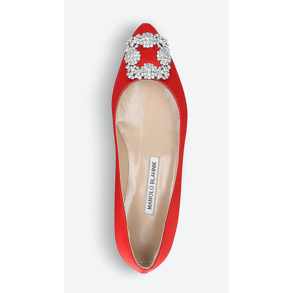 Manolo Blahnik Hangisi Red Satin Silver Jewel Buckle Ballerina Ballet Flat 39 - Picture 6 of 12